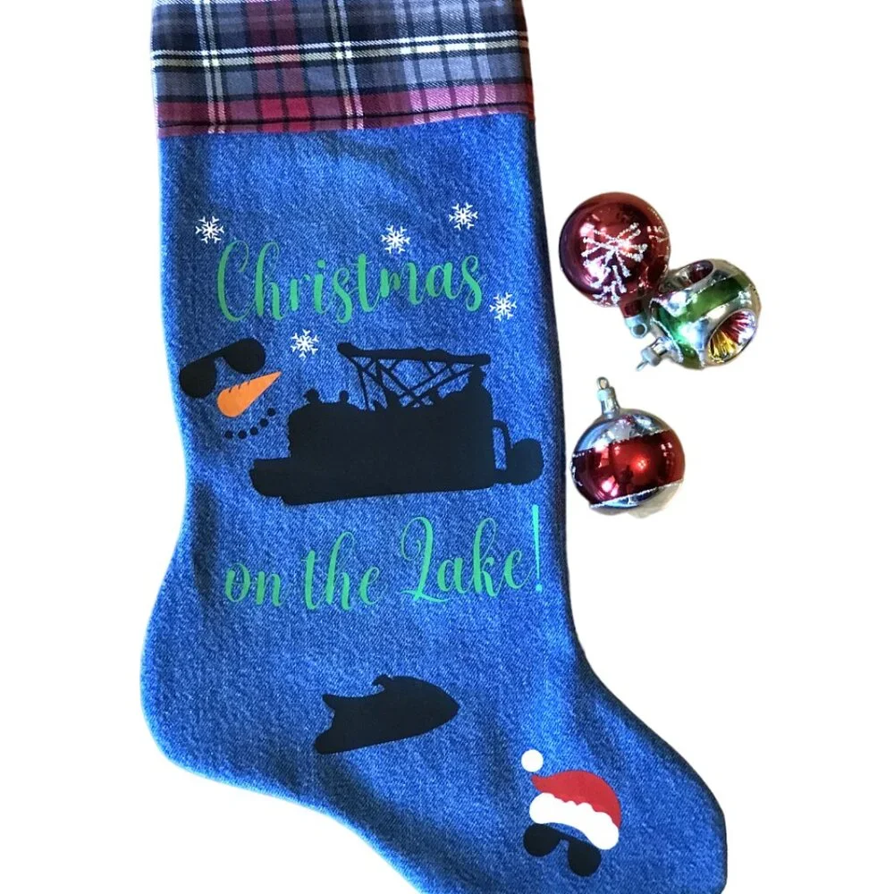 Denim Christmas Stocking, Lake House Fishing Decor Pontoon Boat Jet Ski Graphic
